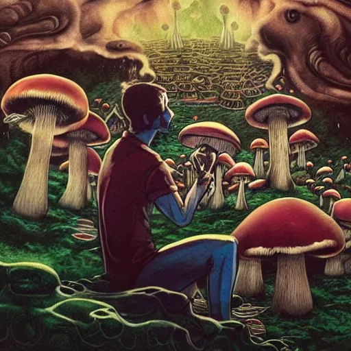 Image similar to a centered chest up portrait of a psychedelic demonic anthropomorphic mushroom smoking a hand - rolled cigarette smoking heavily, magic mushroom village in background. award winning. superb resolution. in the art style of junji ito and greg rutkowski. detailed mushroom city in background. hyper realistic anime. perfect art. dalle 2