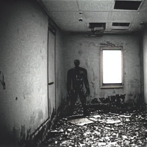 Image similar to 1 9 9 0 s security cam found footage of an abandoned soviet town with a humanoid monster, liminal space, backrooms, scp, film grain, rundown, eerie, dark lighting, 3 5 mm, realistic, photograph