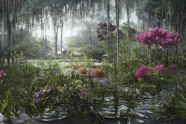 Image similar to hyperrealism, scene from louisiana swamps, starship, spring blooming flowers garden, true detective, 8 0 s japanese sci - fi books art