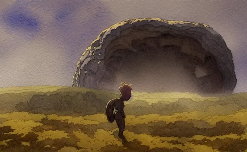 Prompt: a hyperrealist watercolour character concept art portrait of a giant asteroid floating in the air. it is a misty night on the moors of ireland. by rebecca guay, michael kaluta, charles vess and jean moebius giraud