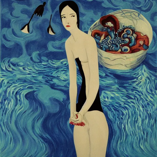 Image similar to tall emo female artist holding a blue starfish in her flooded kitchen, pomegranates, octopus, water gushing from ceiling, painting of flood waters inside an artist's apartment, a river flooding indoors, ikebana, zen, rapids, waterfall, black swans, canoe, berries, acrylic on canvas, surrealist, by magritte and monet