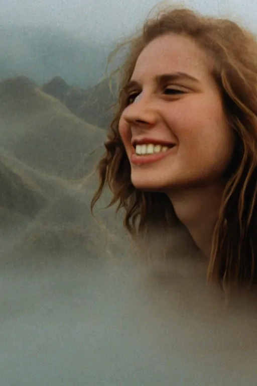 Image similar to film still of extreme close-up at young woman smile, fog, mountains in distance, 35mm