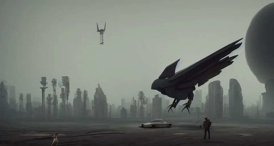 Prompt: A Giant Mechanical bird looms in the distance, mechanical bird, very hazy, rendered by simon stålenhag, rendered by Beeple, Makoto Shinkai, syd meade, environment concept, digital art, starwars, unreal engine, 3 point perspective, WLOP, trending on artstation, low level, 4K UHD image, octane render,