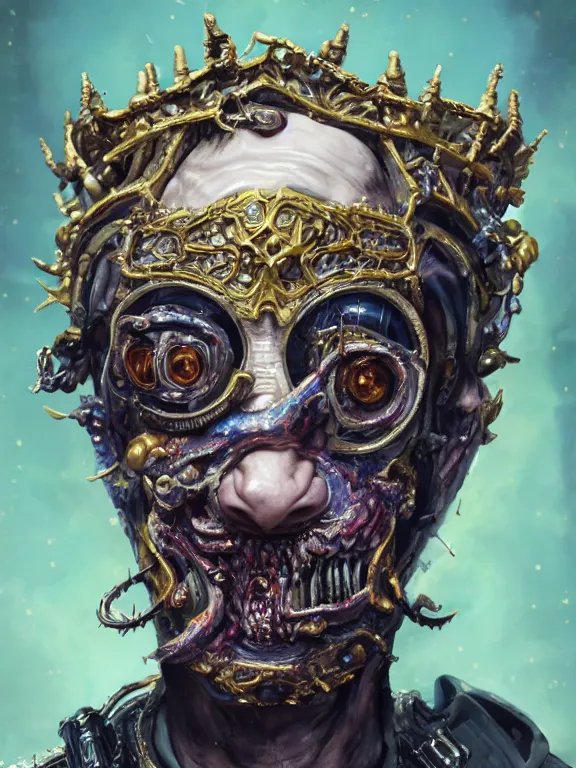 Prompt: portrait of Sam Hyde, sigma male, 8k ultra realistic undead eldritch horror corrupted king, astronaut , ornate gold crown , detailed intricate ornate armour,decaying, cybernetic, full of colour, cinematic lighting, battered, trending on artstation, 4k, hyperrealistic, focused, extreme details,unreal engine 5, cinematic, masterpiece, art by ayami kojima, giger