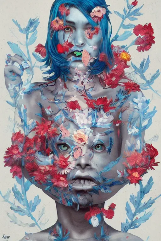 Image similar to a painting of a man with blue hair and flowers on his chest, a surrealist painting by james jean, trending on cgsociety, pop surrealism, androgynous, grotesque, angular