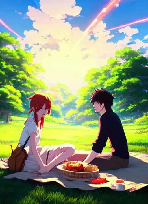 Image similar to beautiful anime painting of a emma stone having a picnic with tom holland, by makoto shinkai, kimi no na wa, artstation, atmospheric, high detail