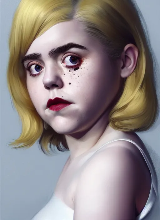 Image similar to full body portrait, kiernan shipka as sabrina spellman, white hair, obese, bangs, sultry, realistic, sultry smirk, fluffy bangs, freckles, fat, belly, intricate, elegant, highly detailed, digital painting, artstation, concept art, smooth, sharp focus, illustration, art by wlop, mars ravelo and greg rutkowski