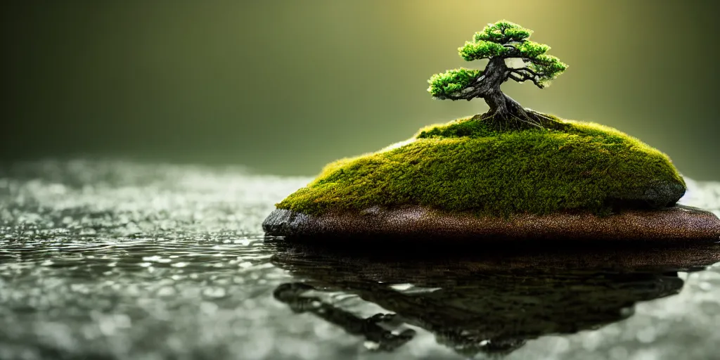 Prompt: photo bonsai cedar on a small angular cnn emerald stone in the water, gold hour, soft lighting, light fog, medium full shot, volumetric lighting, beautiful, ultra detailed, cgsociety by leesha hannigan, thierry doizon, 3 5 mm, fujifilm, cinematic, realistic