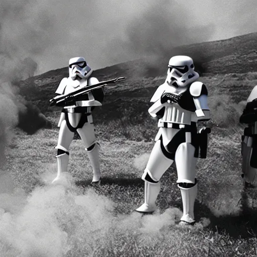 Prompt: Stormtrooper fighting in WW2, there are explosions and smoke