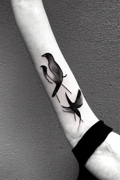 Image similar to a simple artistic tattoo design of minimalist flying birds, black ink, abstract geometric logo