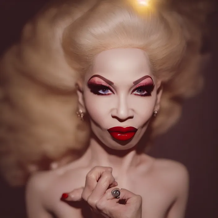 Prompt: photographic portrait face of Amanda Lepore, high light on the left, illuminated by a dramatic light, Low key lighting, light dark, High constrast, dramatic , Steve Mccurry, Greg Rutkowski, Alphonse Mucha, high quality, photo-realistic, four fingers maximum ,8K