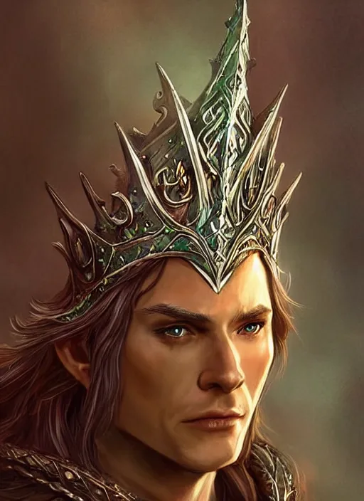 Image similar to elegant elven king wearing a crown, ultra detailed fantasy, dndbeyond, bright, colourful, realistic, dnd character portrait, full body, pathfinder, pinterest, art by ralph horsley, dnd, rpg, lotr game design fanart by concept art, behance hd, artstation, deviantart, hdr render in unreal engine 5