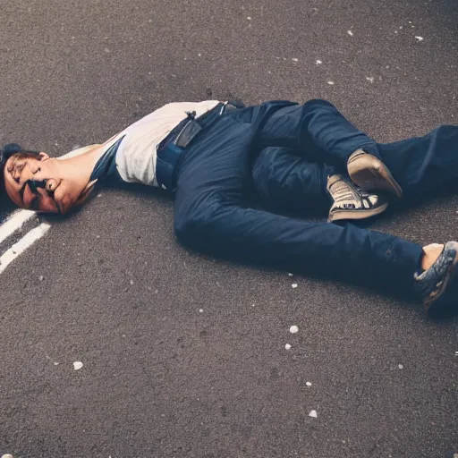 Prompt: a man laying lifeless on the road of a big city, photography,