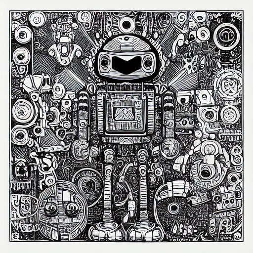 Image similar to “geometrically incomprehensible surreal order of happy robot, extremely high detail, photorealistic, intricate line drawings, dotart, album art in the style of James Jean”