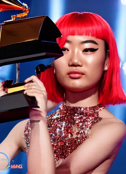 Image similar to rina sawayama winning a grammy award, red weapon 8 k s 3 5, cooke anamorphic / i lenses, highly detailed, cinematic lighting