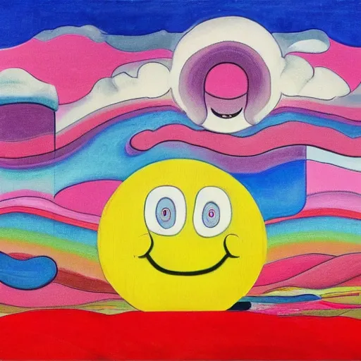 Image similar to clouds with rainbow colors, smiley faces, Edvard Munch, David Hockney, Takashi Murakami, Minimalist,