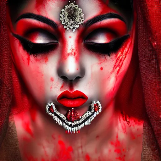 Prompt: beautiful Hindu queen of the dark with veil, in darkness, cover with a lot of red water, horror terrifying, surreal realistic, photorealistic, hyper details, full HD, 8k!