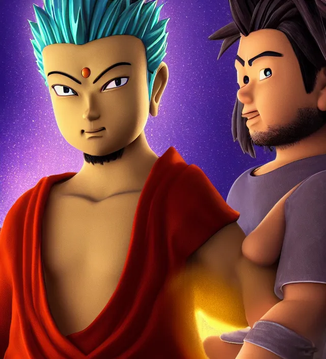 Prompt: photo rendering of a beautiful young men buddha and jesus epic photorealistic portrait in toriyama miyazaki squareenix pixar technoir pixel voxel style depth of field lens in flare leica zeiss detailed trending award winning on flickr artstation