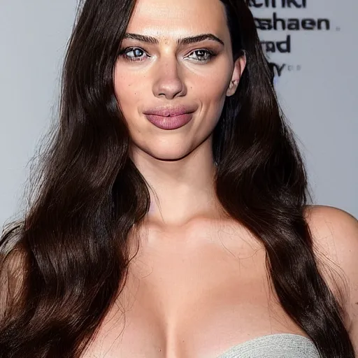 Image similar to a woman who is a genetic combination of kim kardashian and kat dennings and scarlett johansson and margot robbie and emma watson, face and upper - body focus