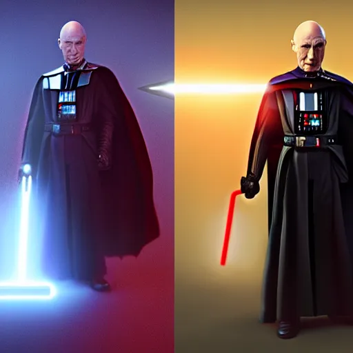 Image similar to a hyper real comic book style portait painting of captain picard and darth vader with the light sword, unreal 5, hyperrealistic, octane render, cosplay, rpg portrait, dynamic lighting