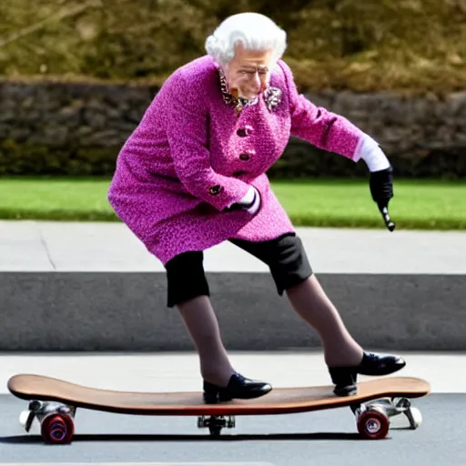 Image similar to queen elizabeth ii doing kickflips on a skateboard