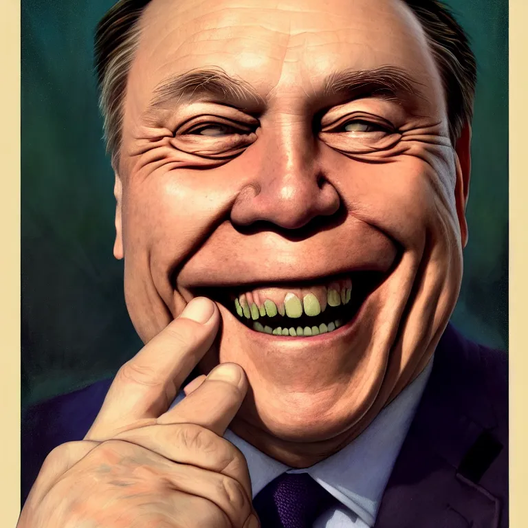 Image similar to a portrait of a happy high on cannabis premier francois legault in 2 0 2 1 illustrated by miyazaki by karol bak, james jean, tom bagshaw, rococo, sharp focus, trending on artstation, cinematic lighting, hyper realism, octane render, 8 k, hyper detailed, vivid, ultra detailed, highly detailed