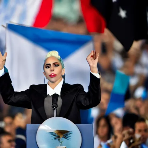 Image similar to Lady Gaga as president, Argentina presidential rally, Argentine flags behind, bokeh, giving a speech, detailed face, Argentina