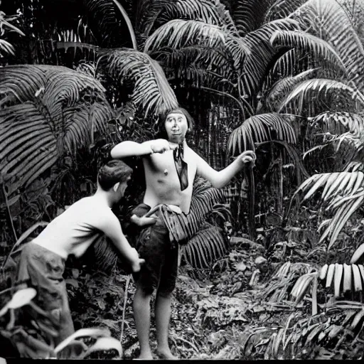 Prompt: a rizom lost film footage of a ( ( ( ( ( ( ( ( cube ) ) ) ) ) ) ) ) in the middle of the tropical jungle / tropicalism / tropicalism / tropicalism / film still / cinematic / enhanced / 1 9 2 0 s / black and white / grain