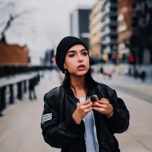 Image similar to Photograph of a mixed woman smoking, wearing a black beanie and black bomber jacket, urban environment, depth of field, 4k, 8k, hd, award-winning, sigma 85mm f/1.4, close up