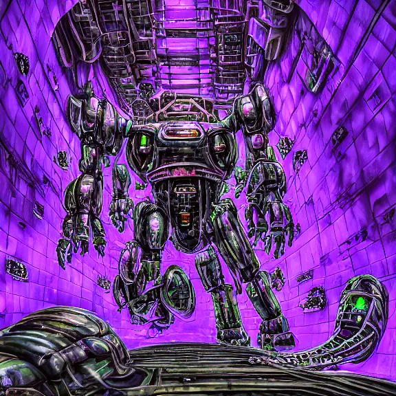 Image similar to detailed shot inside a cavernous living stomach of a giant mecha dragon, the walls purple and pulsing, slimy and hot, lots of acid pooling up on the floor, digesting a bunch humans that ended up inside, food pov, micro pov, vore, digital art, furry art, high quality, 8k 3D realistic, macro art, micro art, Furaffinity, Deviantart, Eka's Portal, G6