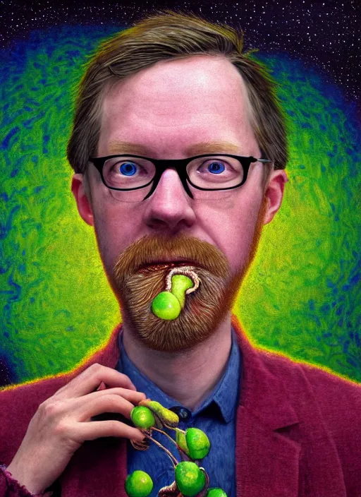 Prompt: hyper detailed 3d render like a Oil painting - friendly professional portrait of author Hank Green in Aurora seen Eating of the Strangling network of yellowcake aerochrome and milky Fruit and Her delicate Hands hold of gossamer polyp blossoms bring iridescent fungal flowers whose spores black the foolish stars by Jacek Yerka, Mariusz Lewandowski, Houdini algorithmic generative render, Abstract brush strokes, Masterpiece, Edward Hopper and James Gilleard, Zdzislaw Beksinski, Wolfgang Lettl, hints of Yayoi Kasuma, octane render, 8k