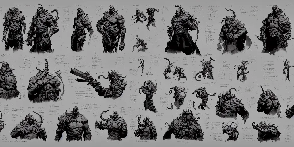 Image similar to hellboy, character sheet, concept design, contrast, kim jung gi, greg rutkowski, zabrocki, karlkka, jayison devadas, trending on artstation, 8 k, ultra wide angle, pincushion lens effect