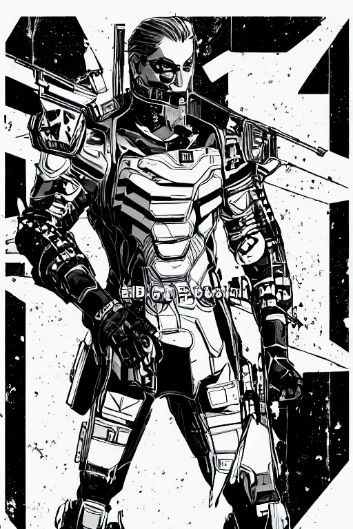 Image similar to senator amstrong from metal gear rising, doing a heroic pose, a page from cyberpunk 2 0 2 0, style of paolo parente, style of mike jackson, adam smasher, johnny silverhand, 1 9 9 0 s comic book style, white background, ink drawing, black and white