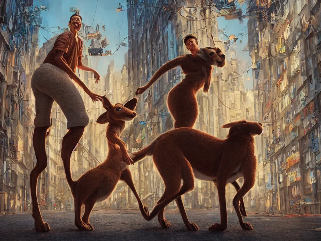 Prompt: pete davidson walking a kangaroo in the style of michael cheval, 4 k, hyper detailed, trending on artstation, photorealistic, volumetric lighting, octane render,