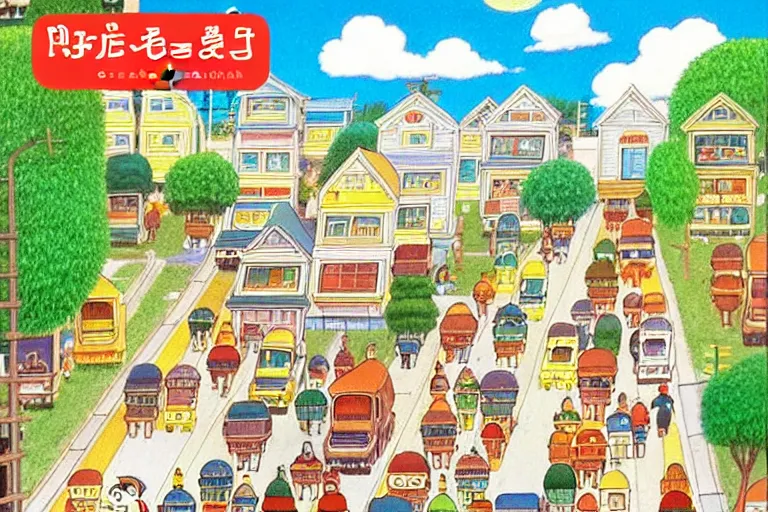 Prompt: an elaborate painting of a peaceful neighborhood, detailed, penned illustrations, by richard scarry and studio ghibli!!!!!!!!!!!