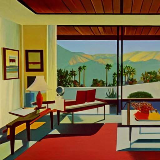 Image similar to an oil painting of the interior of a mid century modern house designed by both frank lloyd right and richard sera in palm springs