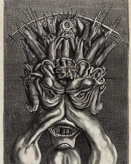 Prompt: a creature with four heads. one human head, second eagle head, third lion head, fourth ox head. drawn by francis bacon