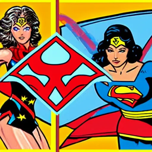 Prompt: video game box art of a commodore 6 4 game called wonder woman vs supergirl, highly detailed cover art.