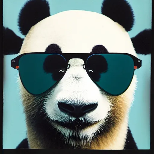 Image similar to grainy head to shoulder portrait polaroid film photograph of a panda in a mall wearing aviator shades. plain teal background with polkadots. super resolution. surreal. extremely detailed. polaroid 6 0 0 film. by annie leibovitz and richard avedon