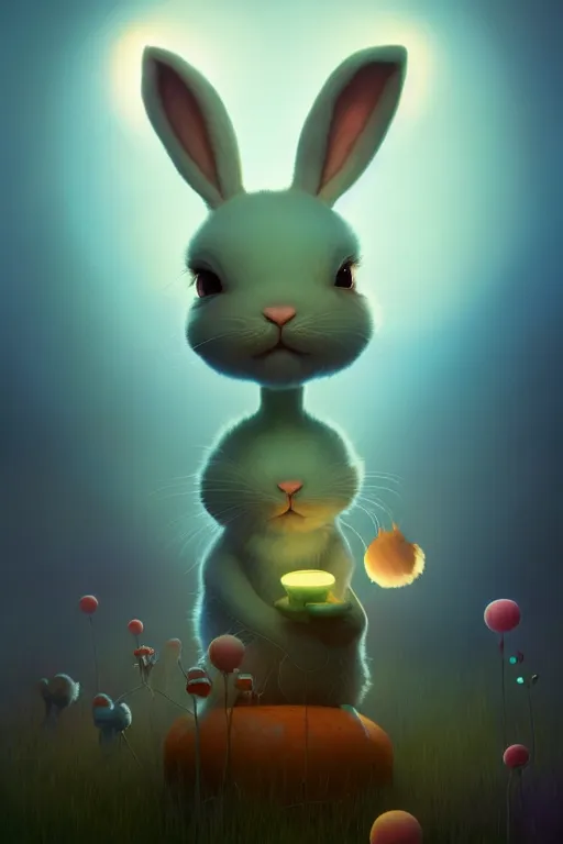 Image similar to a surreal Bioluminescent, very very very cute bunny in a happy world by Daniel Merriam, Trending on Artstation, oil on Canvas by Elena Zhurikhina and Goro Fujita and Charlie Bowater, octane render, 4k, 8k, HD