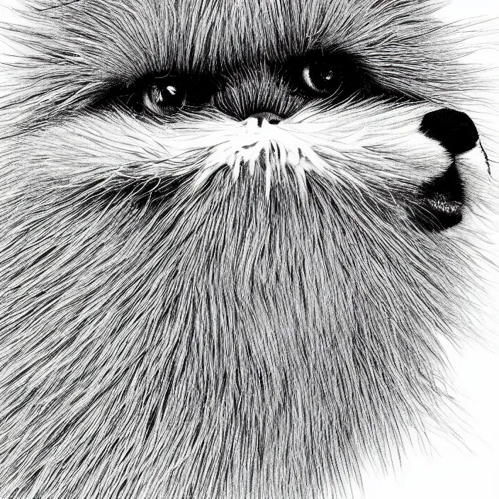 Image similar to a still frame from comic strip girl white fluffy hairy fur face, symmetrical, skin is made of white fluffy hairs, eyes made of snowflakes, close up 1 9 9 0, new yorker illustration, monochrome contrast bw, lineart, manga