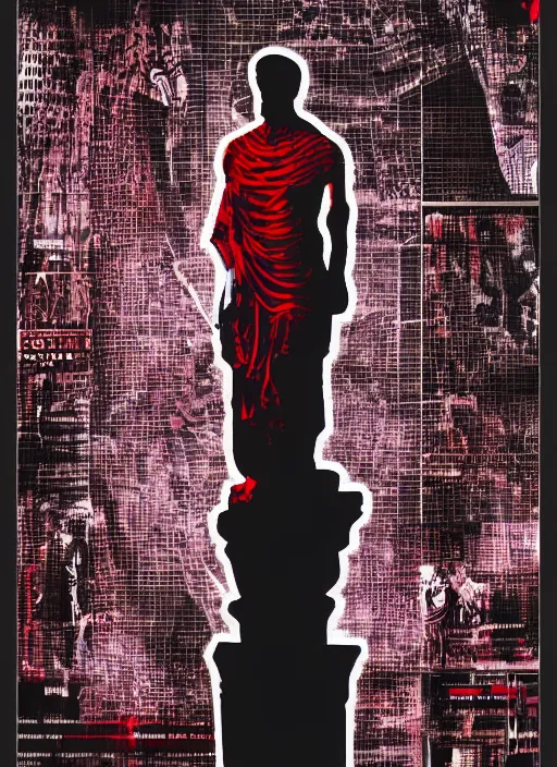 Image similar to dark design poster showing a statue of julius caesar, skeleton, black background with very subtle red and purple design elements, powerful, nekro, vito acconci, thin straight lines, dark, glitch art, neo vaporwave, gritty, layout frame, square, trending on artstation