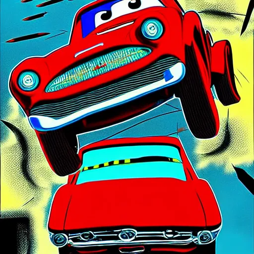 Image similar to cars being juggled in the air, comic book cover art, in the style of todd mcfarlane and jack kirby, with a haunting background, digital photography, photorealistic, realistic, extreme detail