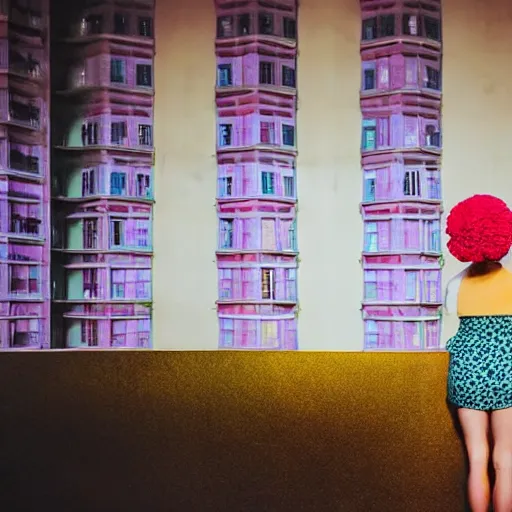 Image similar to giant flower head, frontal, girl standing in mid century hotel, surreal, symmetry, bright colors, cinematic, wes anderson