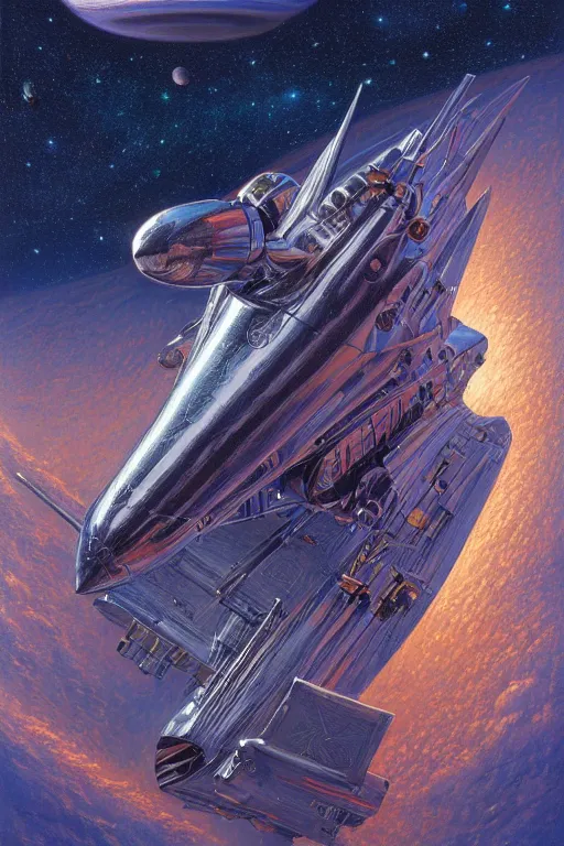 Prompt: shiny aluminum rocket ship in cosmic space by tim hildebrandt, wayne barlowe, bruce pennington, donato giancola, larry elmore, v wing, b - 2, world war 2, masterpiece, trending on artstation, cinematic composition, beautiful lighting, sharp, details, hd, 8 k