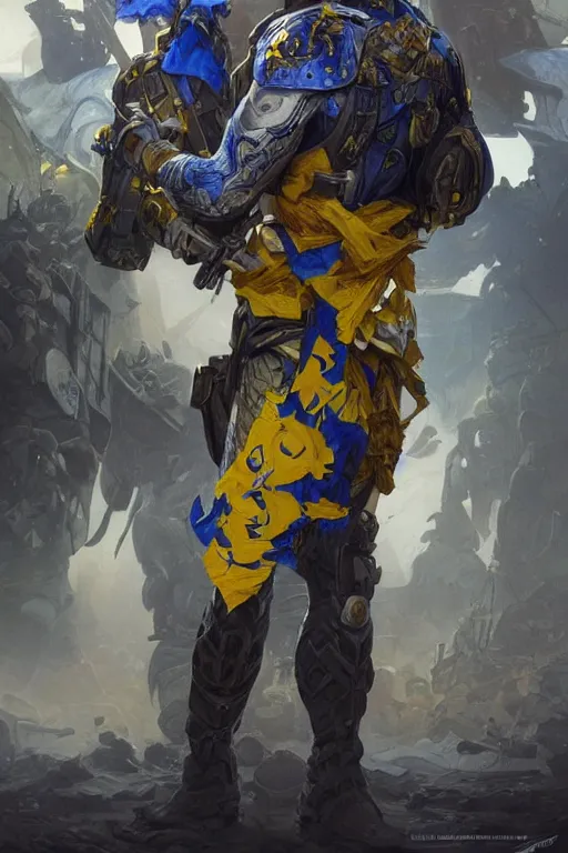 Image similar to shot of Vladimir Zelenskiy as a super soldier with Ukrainian blue and yellow flag on his back, handsome, fantasy, intricate, pile of skulls under his feet, elegant, highly detailed, digital painting, artstation, concept art, smooth, sharp focus, illustration, art by artgerm and greg rutkowski and alphonse mucha