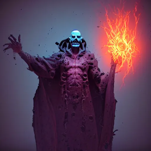 Prompt: A necromancer pulsing with necrotic energy, Art by Mike Mignola, power auras, sigils, tattered cloth robes, substance 3d painter, PBR textures, Physical based rendering, cinematic, hyper realism, high detail, octane render, unreal engine, 8k, Vibrant colors, Smooth gradients, High contrast, depth of field, aperture f2.8