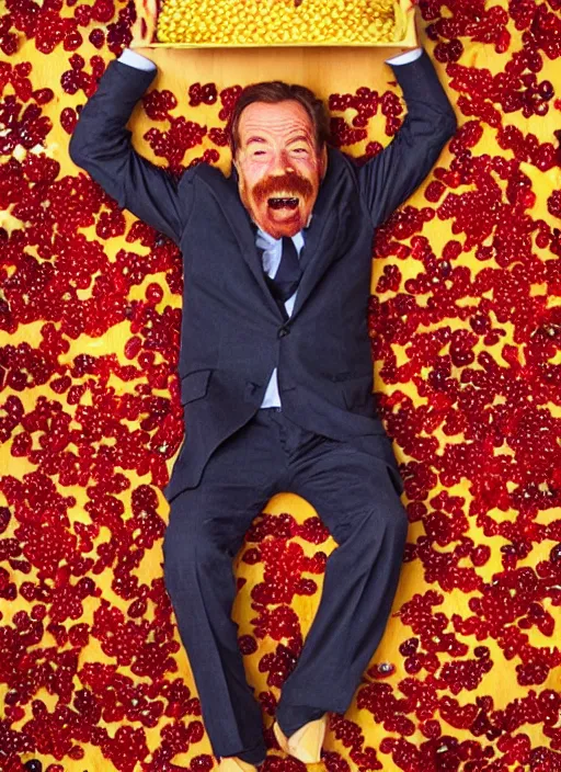 Image similar to bryan cranston bulging cheeks eating cranberries, open mouth filled with cranberries, studio light, bloom, detailed face, magazine, press, photo, steve mccurry, david lazar, canon, nikon, focus