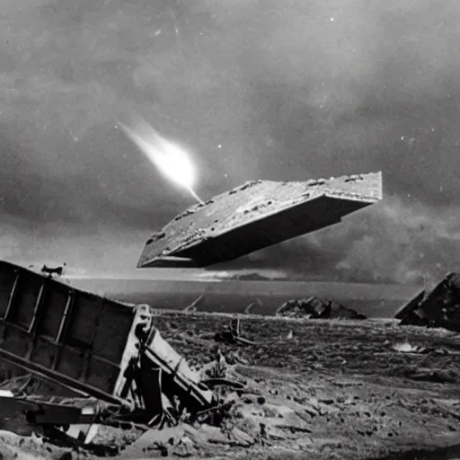 Image similar to an old ww2 photograph of a star destroyer crashing into earth