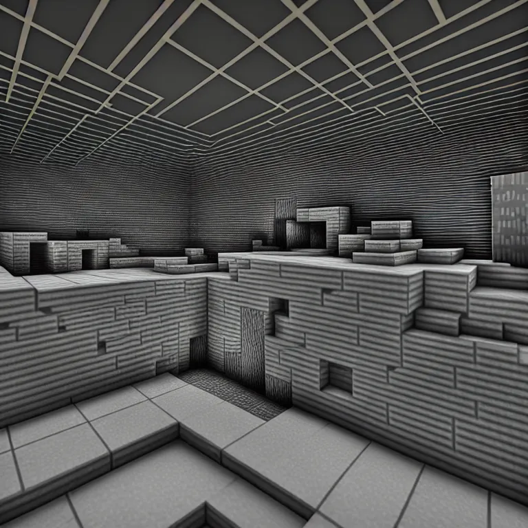 Image similar to Concrete gray multi-layered underground structure with multiple floors and a plus-shaped cleft in the center. Inside view, minecraft style, layers, straight lines, corners, high detailed, details, ultra realistic, photorealism, 8k, wide shot, symmetrical, brutalism, ray of light, architecture, volumetric lighting, cinematic, shadows